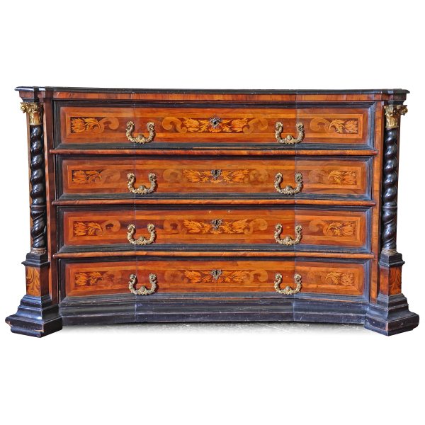 An Italian walnut veneered chest of drawers with vegetal and animal motif inlays, Veneto, 17th cent.