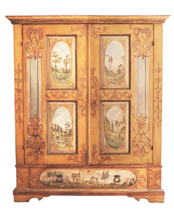 An Italian painted wood wardrobe with festoons and architectural capriccios, Marche, 18th century