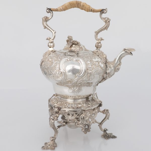 A George II sterling silver kettle on stand, Samuel Courtauld?, London, 1739-55