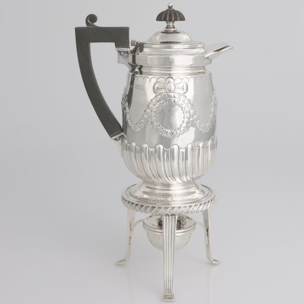 A Victorian sterling silver coffee pot on burner stand; Hawksworth, Eyre & Co Ltd; London, 1898
