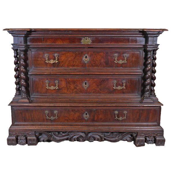 A Papal States walnut chest of drawers with hinged top, twist columns, second half 16th century