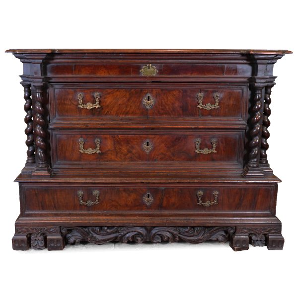 A Papal States walnut chest of drawers with hinged top, twist columns, second half 16th century