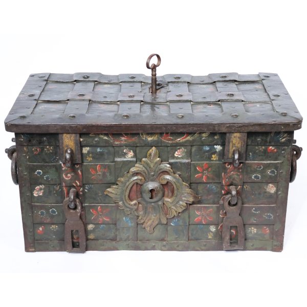A German wrought iron and embossed sheet metal strongbox, painted in polychrome, 17th century