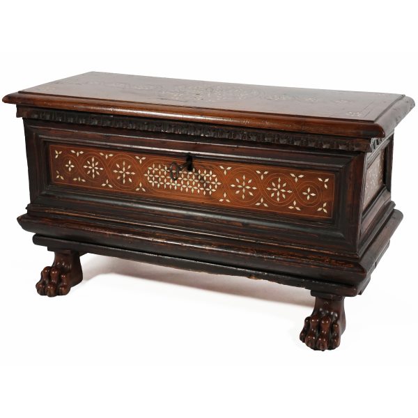 An Italian carved walnut wood chest with bone inlayds, 17th century