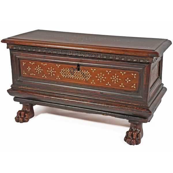 An Italian carved walnut wood chest with bone inlayds, late 17th century