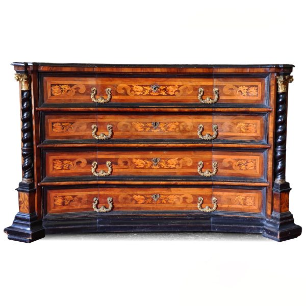 An Italian walnut veneered chest of drawers with vegetal and animal motif inlays, Veneto, 17th cent.