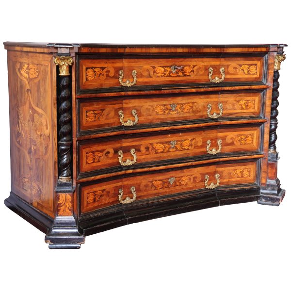 An Italian walnut veneered chest of drawers with vegetal and animal motif inlays, Veneto, 17th cent.