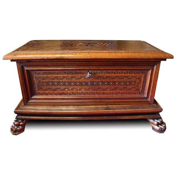 An Italian wood cassone with geometric inlay in the certosina style, early 17th century