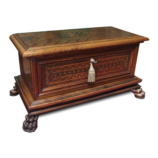 An Italian wood cassone with geometric inlay in the certosina style, early 17th century