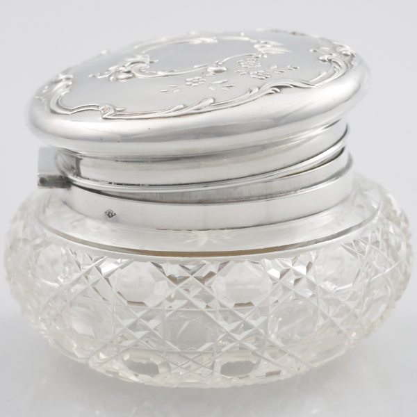 A French glass and fused and embossed silver bathroom container, SF silversmith, 19th-20th century