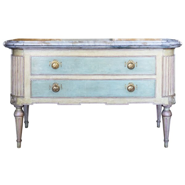 A North Italian pair of lacquered wood commodes with shaped tops in marble, Turin, 18th century