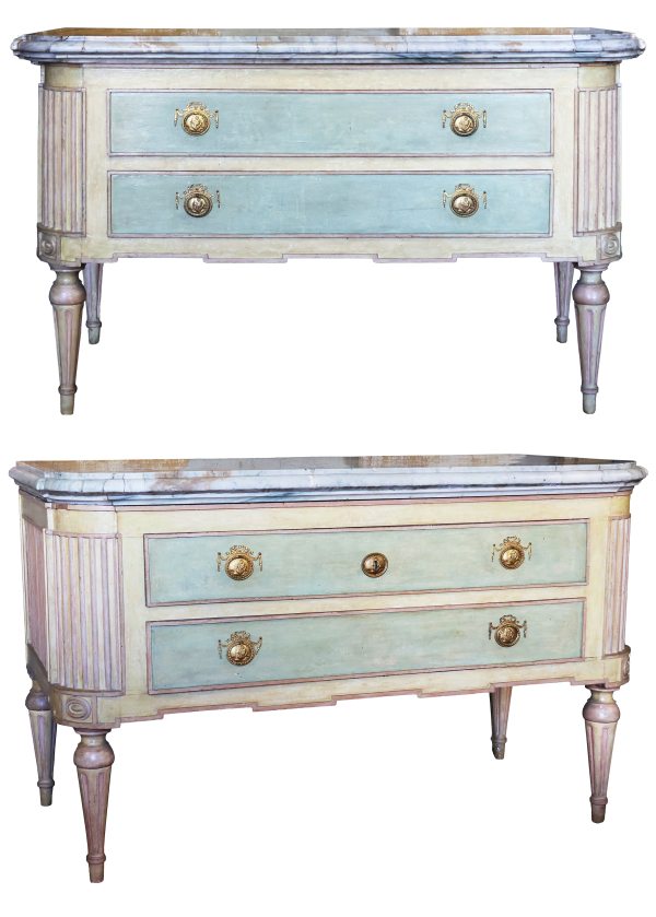 A North Italian pair of lacquered wood commodes with shaped marble tops, Turin, 18th century