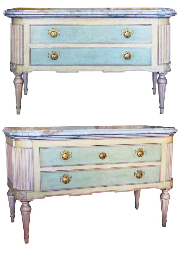 A North Italian pair of lacquered wood commodes with shaped marble tops, Turin, 18th century
