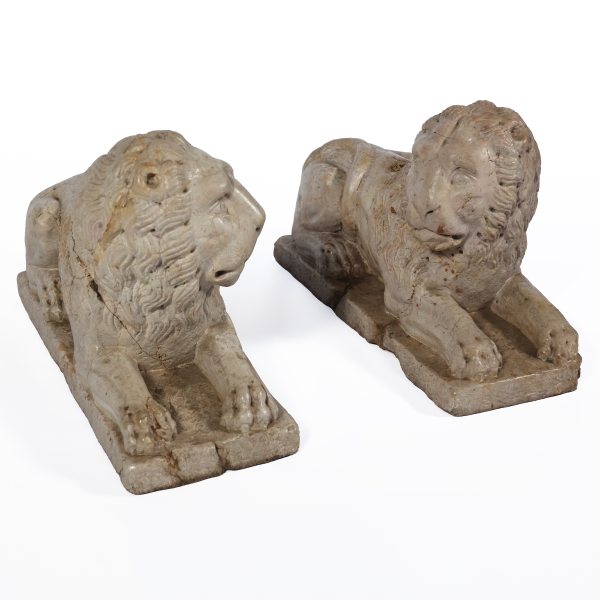 A pair yellow marble of Verona recumbent lions, North Italy, 16th-17th century