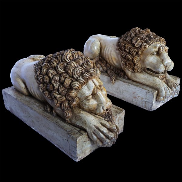 A North Italian pair of carved and lacquered wood lions, Venice, late 18th century