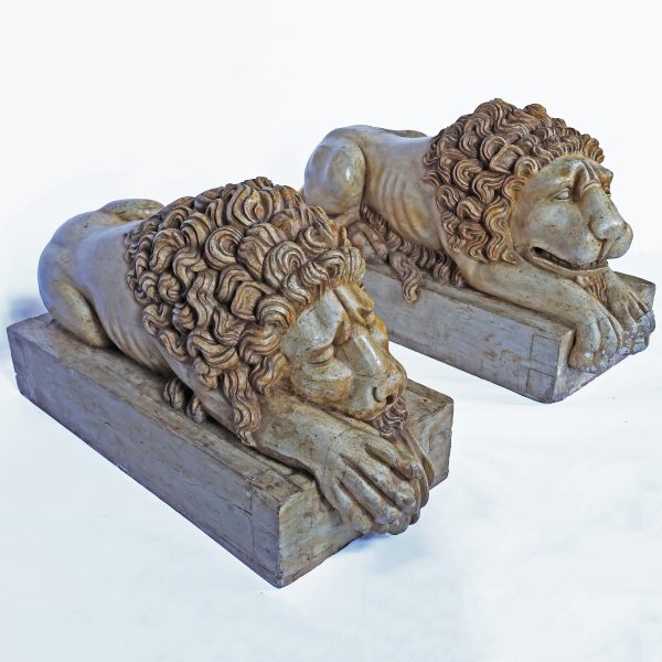 A North Italian pair of carved and lacquered wood lions, Venice, late 18th century