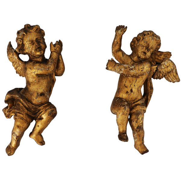 An Italian pair of winged cherubs in carved and gilded wood, 18th century