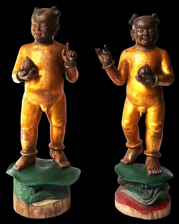 A pair of carved and lacquered wooden sculptures, China, Qing Dynasty, Guangxu period (1871–1908)