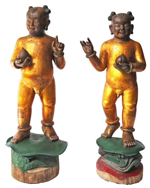 A pair of carved and lacquered wooden sculptures, China, Qing Dynasty, Guangxu period (1871&ndash;1908)