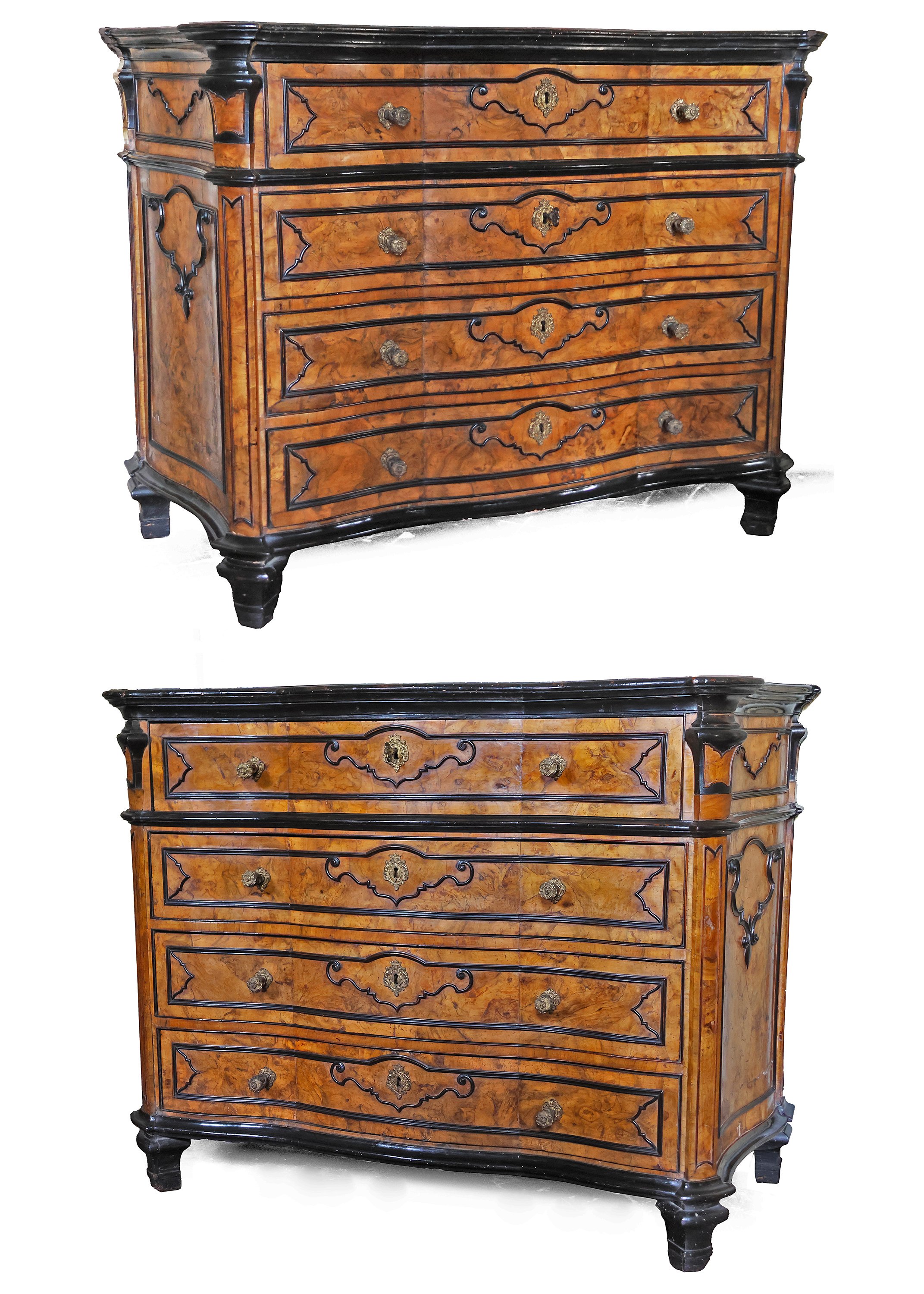 A North Italian pair of chests of drawers in walnut wood and walnut burl with ebonized moldings, featuring four drawers and a a drop-front drawer, Lombardy, 18th century - 1700