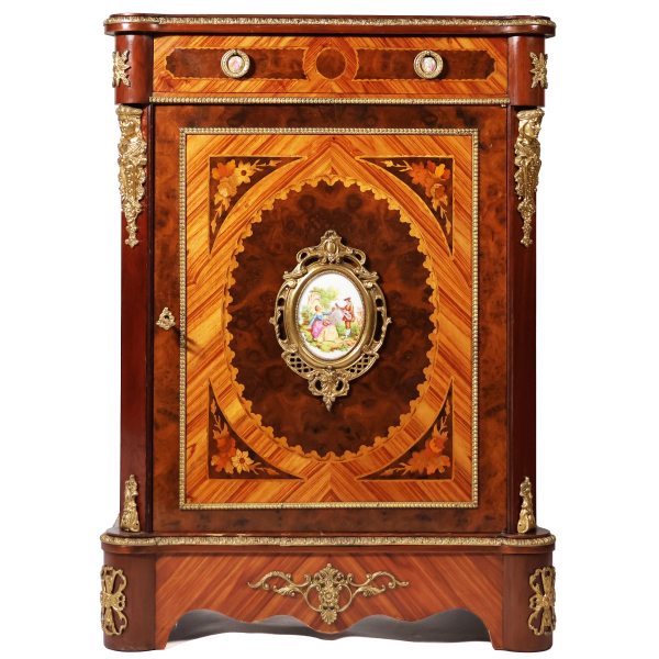 A French rosewood sideboard inlaid with various woods, porcelain plaques, late 19th century