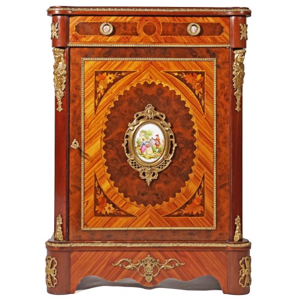 A French rosewood sideboard inlaid with various woods, porcelain plaques, late 19th century