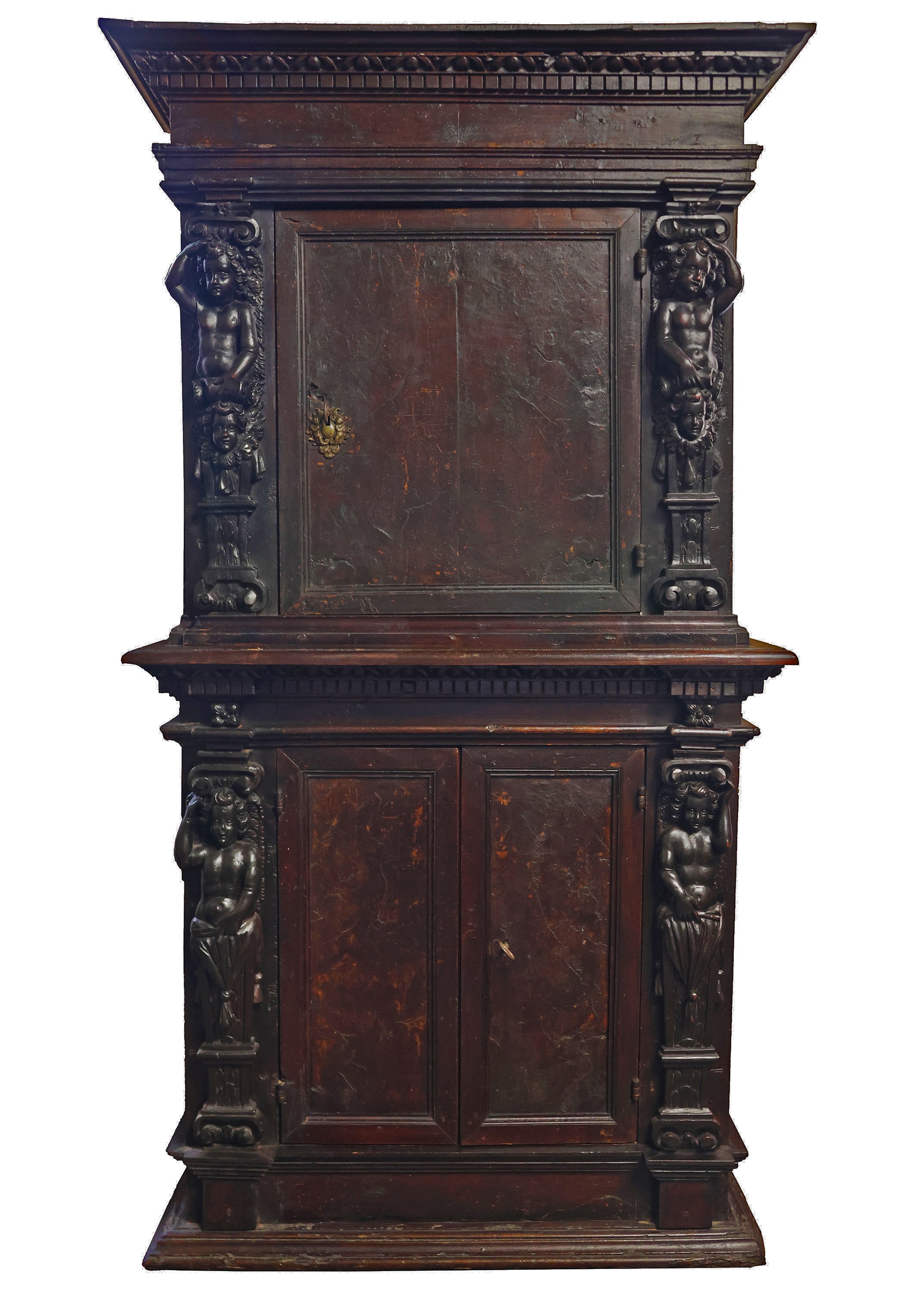 A North Italian double-bodied piece in wood and walnut burl. Upper section with two anthropomorphic caryatids. Lower section with two cherub heads. Lombardy, 17th century - 1600