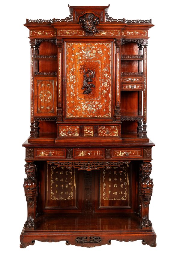A French two-part wooden cabinet with mother-of-pearl inlay. Gabriel Viardot, Paris,19th century