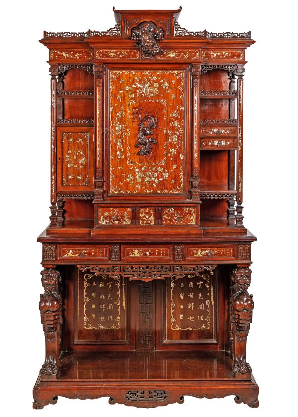 A French two-part wooden cabinet with mother-of-pearl inlay. Gabriel Viardot, Paris,19th century