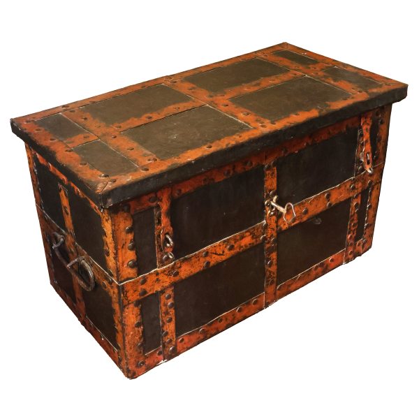 An Italian walnut solid-wood cassone clad in sheet-metal plates, 16th century