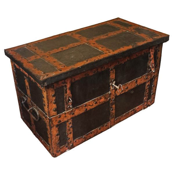 An Italian walnut solid-wood cassone clad in sheet-metal plates, 16th century