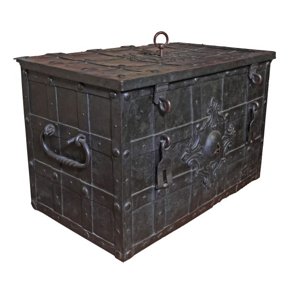 A North Italian iron and embossed sheet metal strongbox, late 17th early 18th century