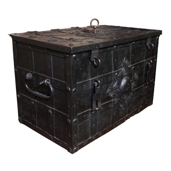 A North Italian iron and embossed sheet metal strongbox, late 17th early 18th century