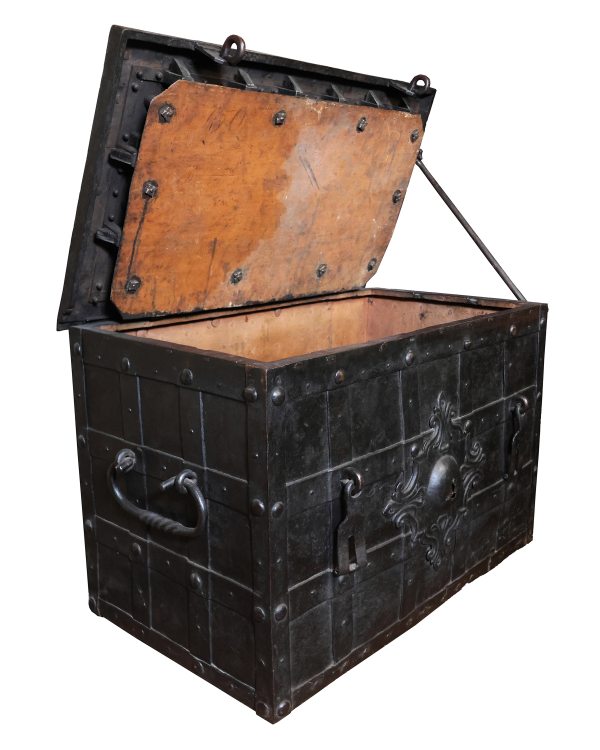 A North Italian iron and embossed sheet metal strongbox, late 17th early 18th century