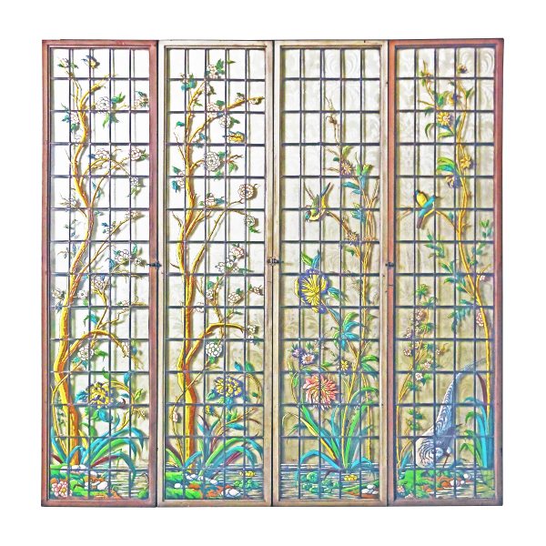 A suite of four enamelled Japonisme leaded-glass windows. Signed J.P. Imberton. Paris, dated 1890