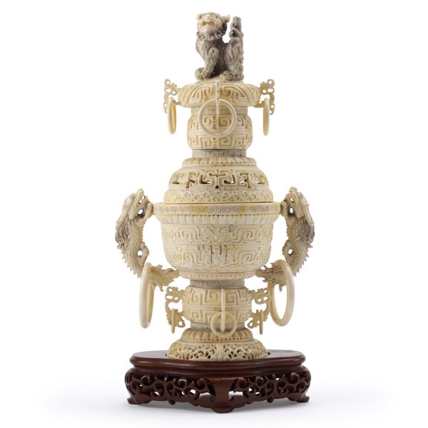 An ivory incense burner, engraved, and pierced lid, China, Qing Dynasty 1644&ndash;1911, late 19th century