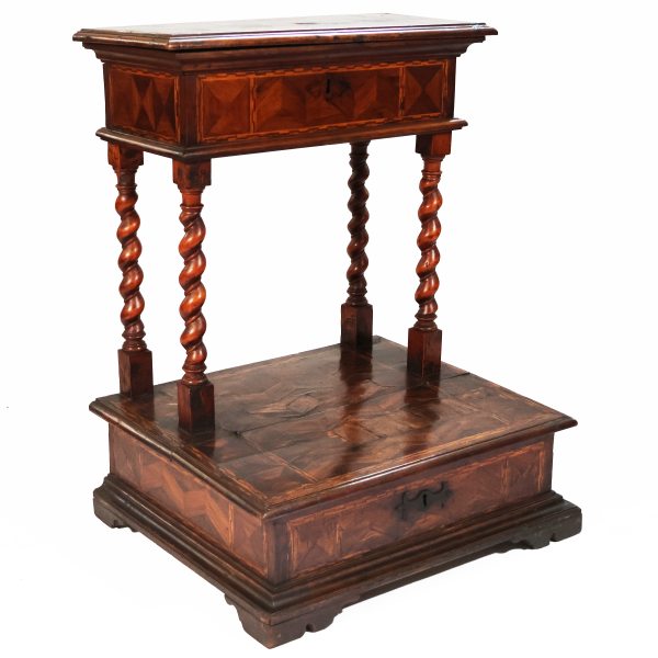 An Italian kneleed veneered and inlaid with various woods, twisted columns, 18th century
