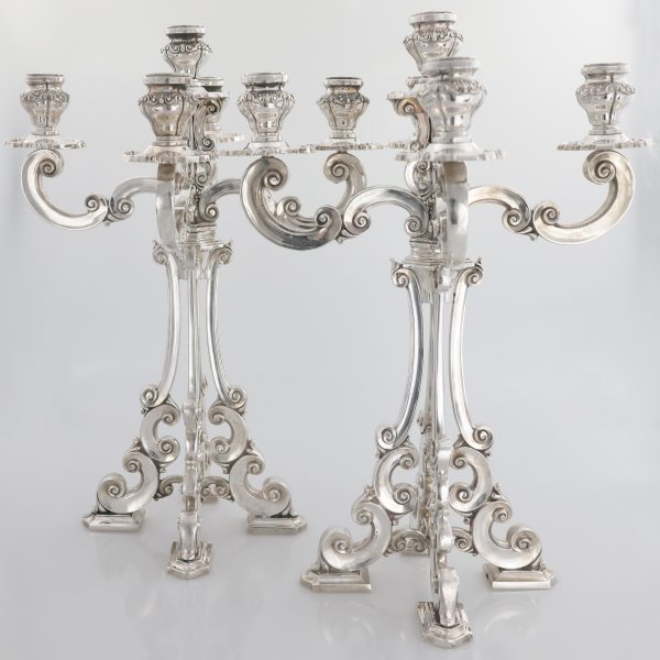 An Italian pair of large silver five-light candelabra, Mario Buccellati, Milan, 20th century
