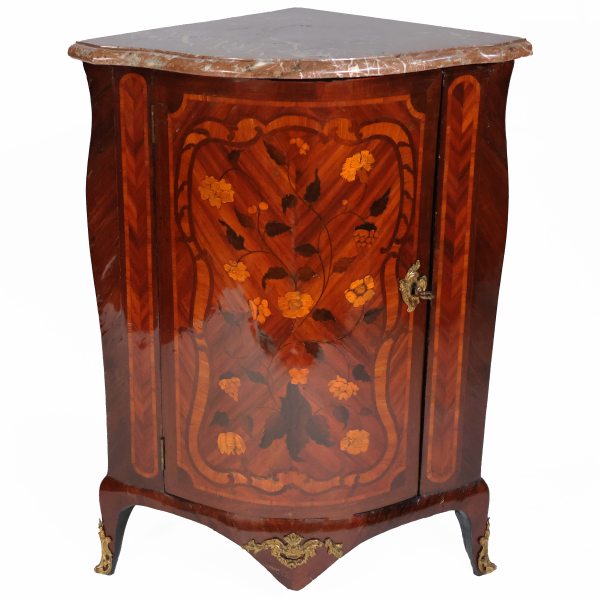 A French floral inlayed in plaissander, kingwood and rosewood encoignure, M. Criard, 18th century