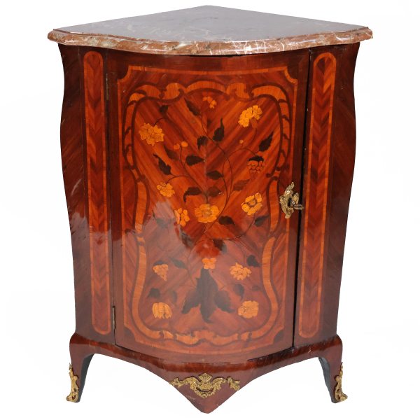 A French floral inlayed in plaissander, kingwood and rosewood encoignure, M. Criard, 18th century