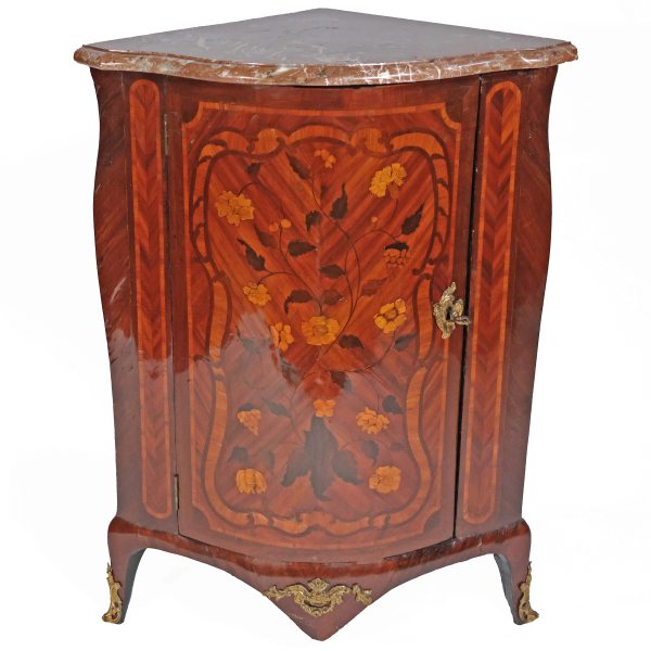 A French floral inlayed in plaissander, kingwood and rosewood encoignure, M. Criard, 18th century