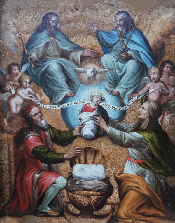 Philip Fruytiers attr.; Saint Joachim and Saint Anne present Mary to the Trinity, oil on alabaster