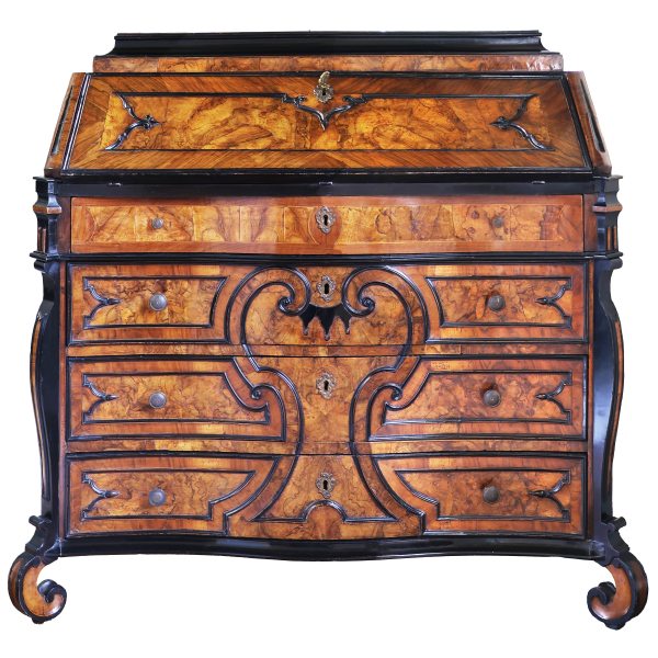 An Italian walnut, burr walnut inlaid fall-front bureau, Lombardy, 18th century
