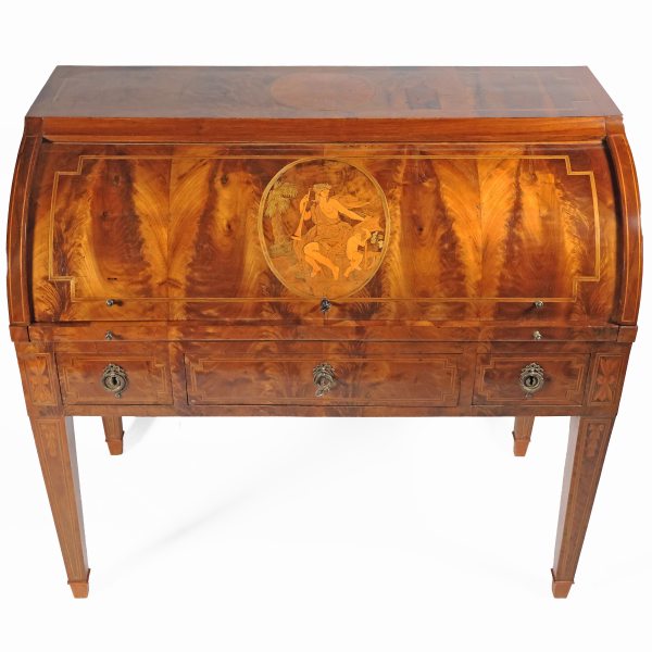 A North Italian bureau &agrave; cylindre in walnut burl, inlays in precious woods, Piedmont, 18th century
