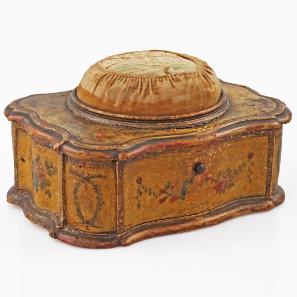 An Italian lacquered wood pin cushion box with polychrome floral decoration. Venice, 18th century