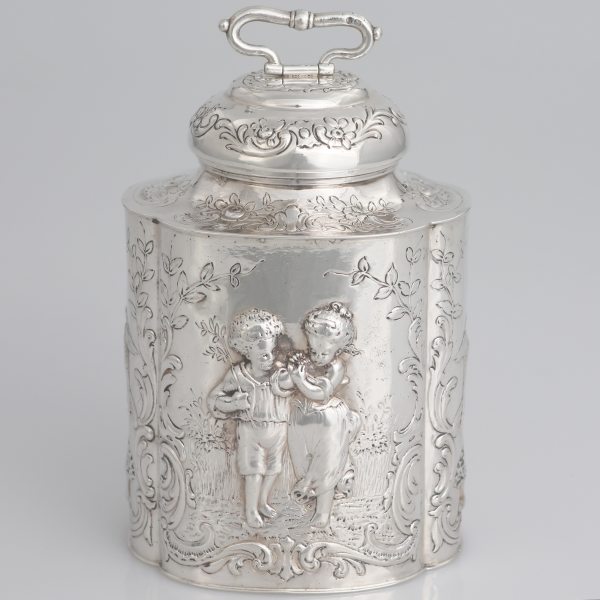 A German silver tea caddy, George Roth & Co., English import hallmarks, Hanau, late XIX century