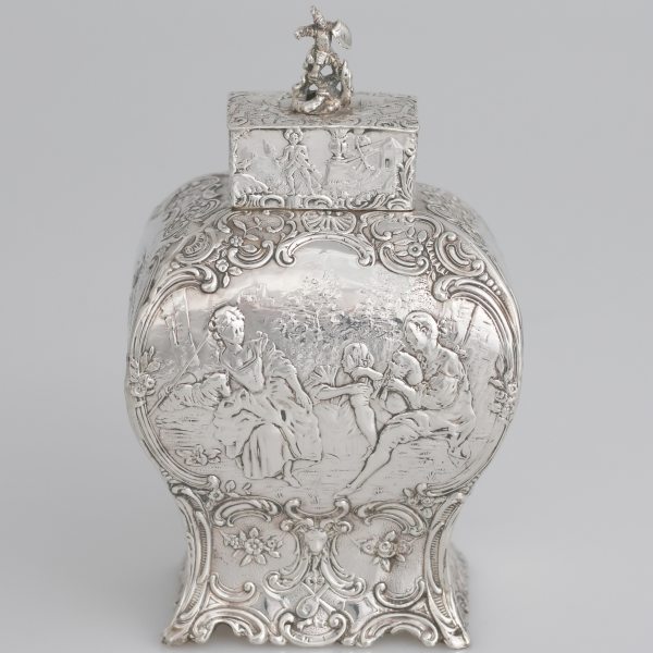 A German silver tea caddy, Wolf & Knell?, English import hallmarks, Hanau, late XIX century