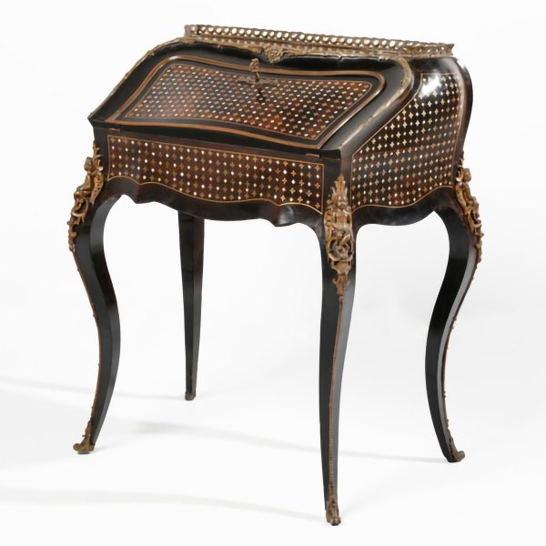 A French ebonized wood drop-front desk, inlaid with gilt copper and mother-of-pearl, 19th century
