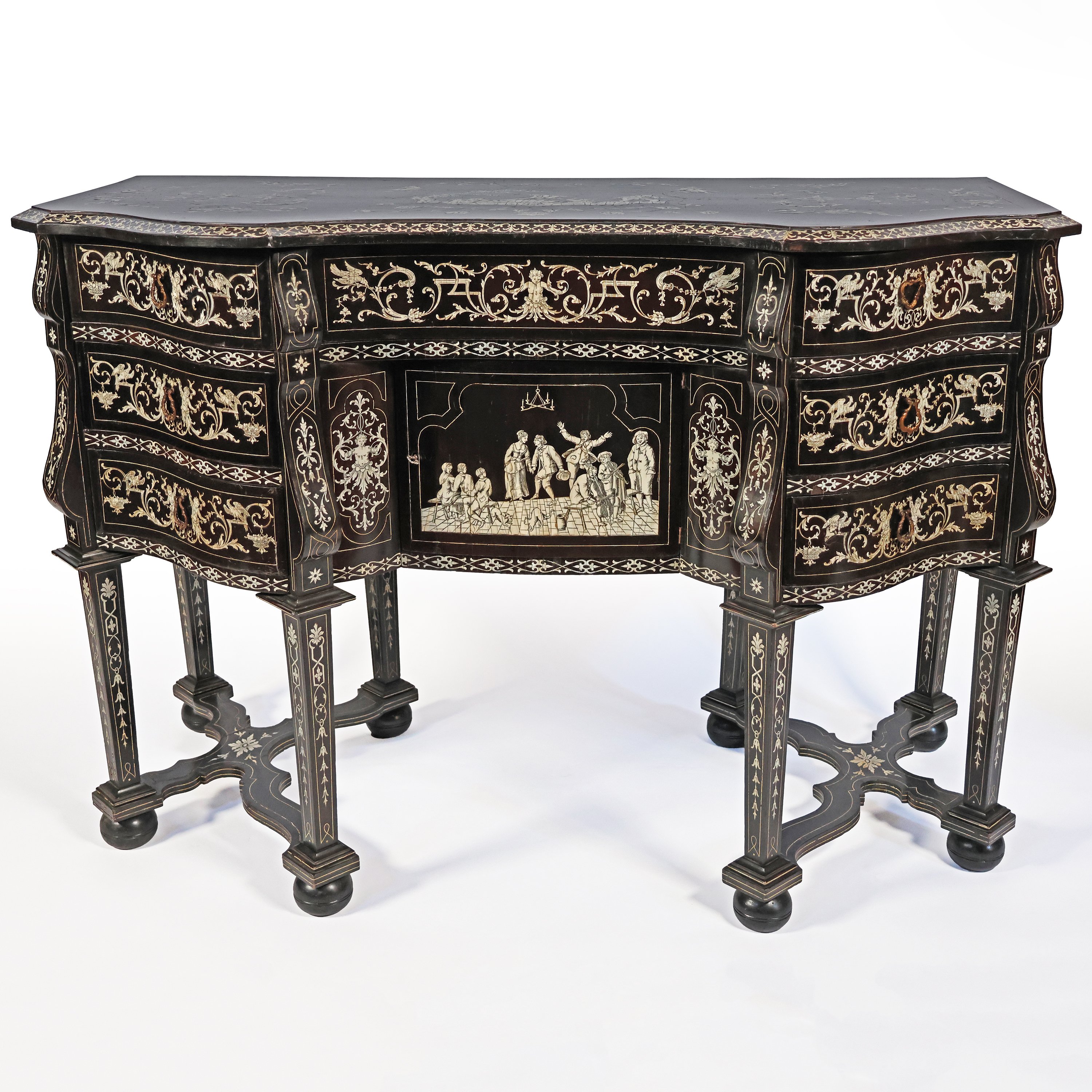A North Italian bureau mazarin in ebonized wood with ivory inlays, Luigi Prinotto in the manner of, with Jean B&eacute;rain-style ornamentation, Piedmont, early 19th century - 1800