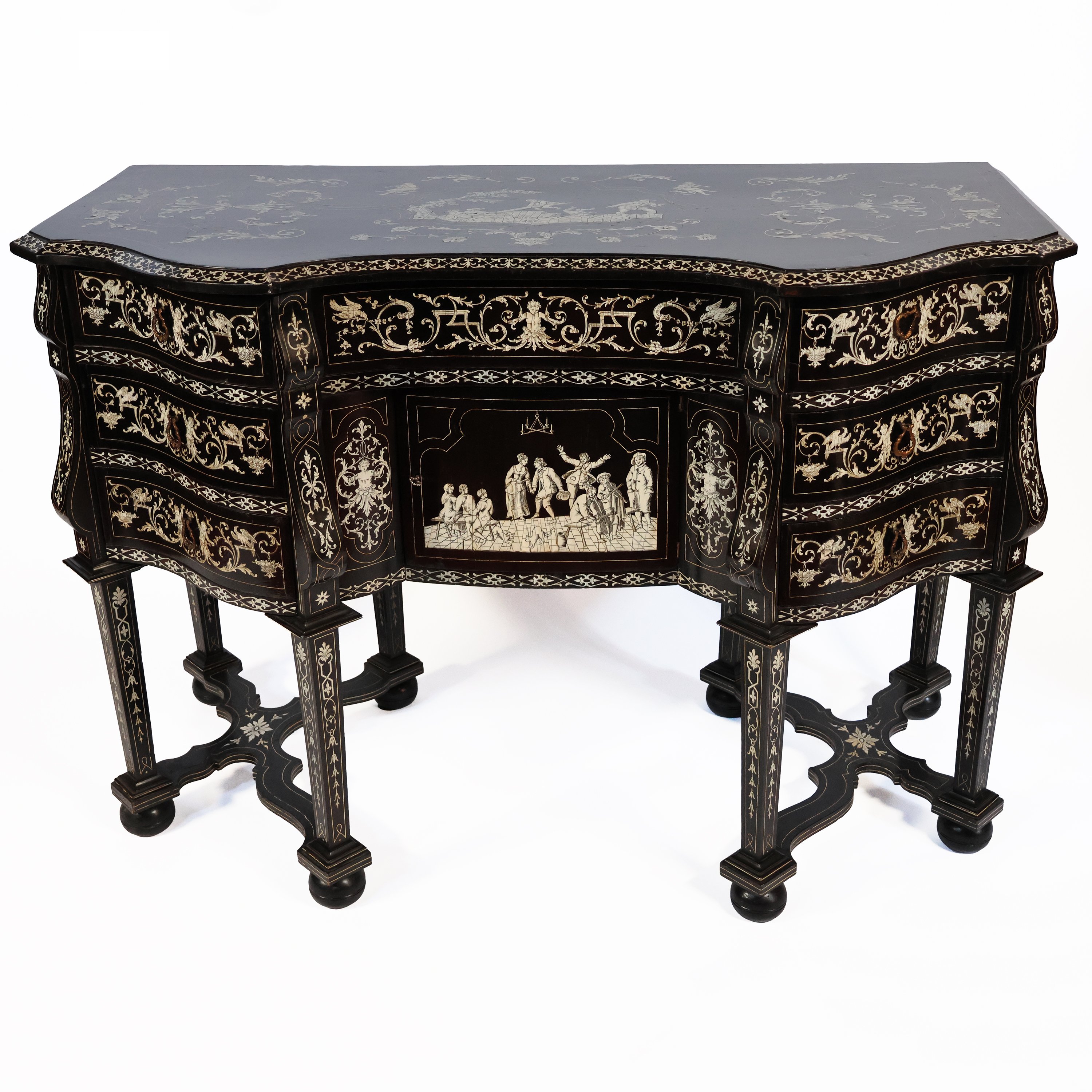 A North Italian bureau mazarin in ebonized wood with ivory inlays, Luigi Prinotto in the manner of, with Jean B&eacute;rain-style ornamentation, Piedmont, early 19th century - 1800